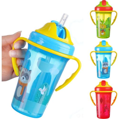 Cute Baby Feeding Cup with Straw BPA Free Portable Feeding Bottle Leak Proof with Handle Kids Training Baby Sippy Copos