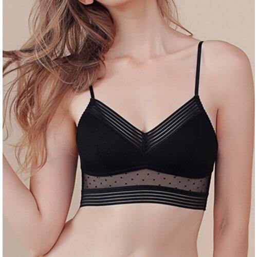 Women Bra Sexy Soft Push Up Spaghetti Strap Low Back Thin Mesh Lace Bra Underwear Lingeries Brassiere Club Crop Tops Plus Size