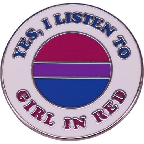 Yes I Listen To Girl In Red Bisexual Power LGBT Pride Ietter Metal Enamel Lapel Clothes Coats Bag Badge Brooch Pin Accessories