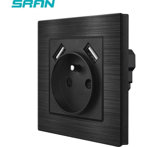 Franch Power Socket,Socket With Usb Charging Port 2.1A 16A Black Aluminum Alloy Panel USB Wall Sockets EU F9USB002