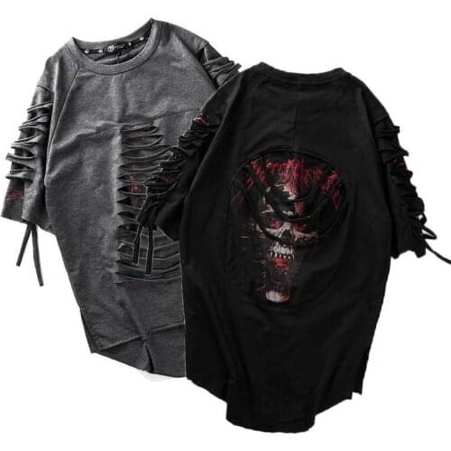 Idopy Men`s Hip Hop T Shirt Street Style Skull Fashion Round Hem Loose Fit Ripped Streetwear Hipster Short Sleeve Tees For Male