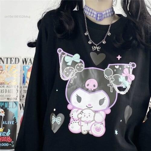 Harajuku Y2k Zaraing Japan Style Sweet Girls Kawaii Cartoon Kuromied Print Long Sleeve T-shirt Women Streetwear Black Tees Tops