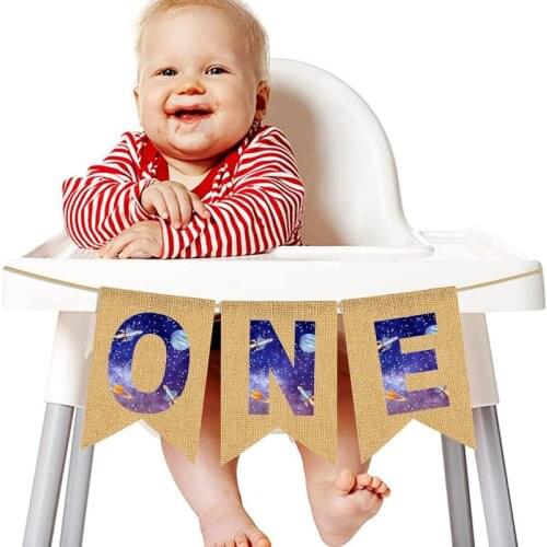 Galaxy planets Astronaut Rocket Outer Space Theme boy girl 1st first one year old Birthday Party decoration high chair banner