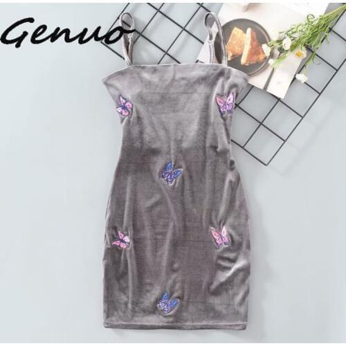 Genuo New 2019 Butterfly Embroidery Adjustable Spaghetti Strap Mini Dresses Velvet Grey Tight Women Vestido Fashion Summer Dress