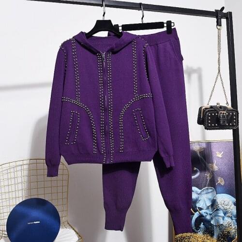 Fashion Beading Hooded Knit Tracksuit Women Set Loose Blue Purple Black Zipper Cardigan Sweater Pencil Pants Outfits Suit Female