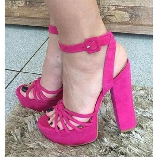 Moraima Snc Hot Selling Rose Pionk Suede Ankle Strap Woman Sandal Summer Open Toe Platform Thick Heels Shoes Party Dress Shoe