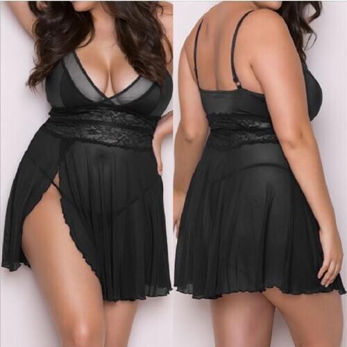 Sleeping Clothes Women Plus Size Sexy Pajama Underwear Perspective Nightgown Mesh Slit Sling Nightdress