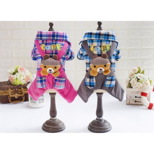 New Coming Plaid Bear Decoration Pet Dogs Four Legs Cotton Winter Coat Free Shiping By CPAM Small Puppy Dogs Clothing