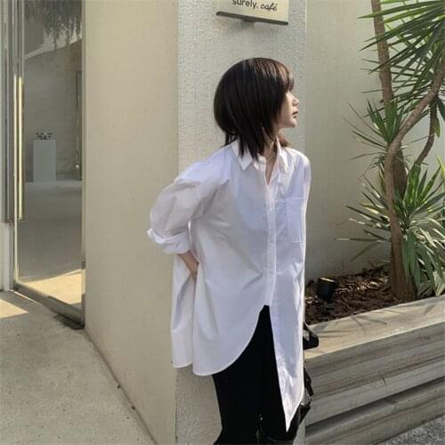 Neue Design Unregelmäßigen Büro Dame Alle Spiel 2021 BF Stil Mid-Länge Elegante Taschen Frauen Chic Solide Voll ärmeln Shirts