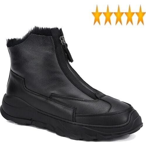 Sheep Warm Winter Shearing New Thick Bottom Mens Snow Genuine Leather Front Zip Solid Round Toe Flat Male High Top Boots