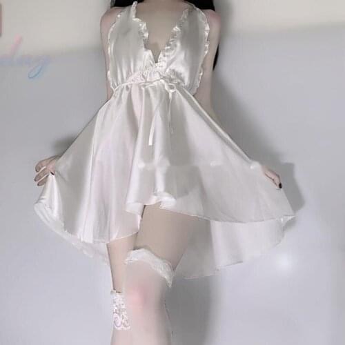 Sexy Lingerie Silk Tease Ear Side Open Back Bandage V-neck Sling Pajamas Sexy Sweet Low-cut Backless Large Size Hot Dress 0UOS