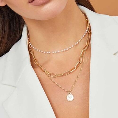 KINFOLK Gold Layered Pearl Necklaces For Women Boho Chain Necklace Chains For Women Pendant Chocker Necklace Set Jewelry