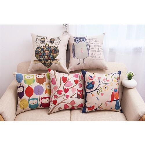 Owl Family Priented Cotton Linen Sofa Cushion Embrace Pillow 45x45cm/17.7x17.7'' Throw Pillow Home Decor Textile Seat Cushion