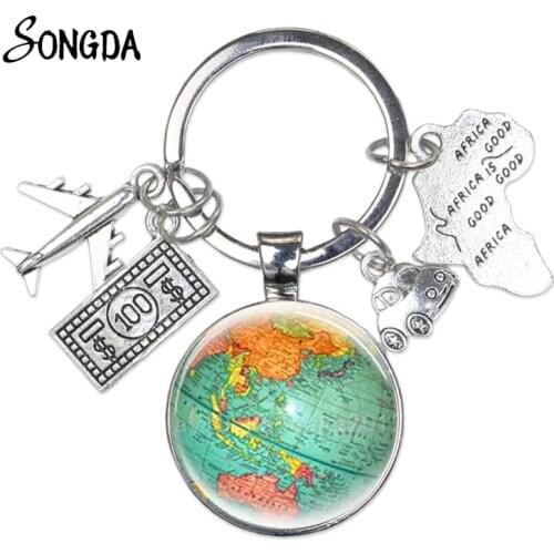 New Earth Aircraft Money Car Map Charms Keychain Holder Travel Key Chains Key Rings for Car Bag Glass Cabochon DIY Jewelry Gifts