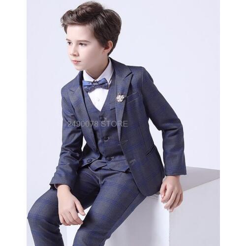 Boys Luxurious Wedding Suit Prince Noble Plaid Jacket Vest Pants Bowtie 4Pcs Dress Children Piano Show Performance Party Costume