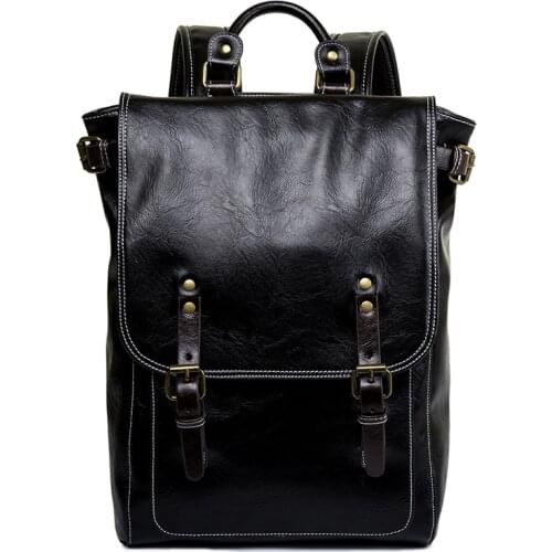 New 2021 retro trend mens Square soft leather backpacks simple fashion shoulder bag black versatile college student school bag