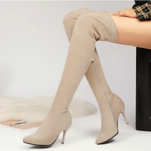 Fashion Thigh High Boots Autumn Elastic Slim Long Boots Women Shoes High Heels Flock Over the Knee Boots Ladies Large Size