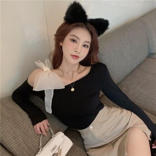 Spring new design sexy long-sleeved shirt with bow-knot straps Plus Size Fashion Top female Off Shoulder blouses for women