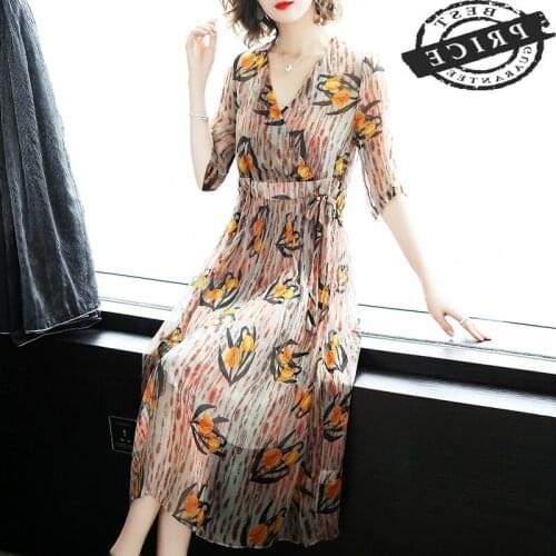 Silk Summer Real Dress Women Elegant Sexy V Neck Dresses Vintage Floral Print Vestidos Ladies Evening Party Dresses aa62