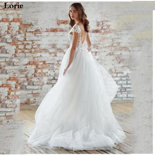LORIE Backless Boho Wedding Dress 3d Lace Vintage Appliqued Bridal Dress 2019 Cap Sleeves Wedding Gown Floor Length