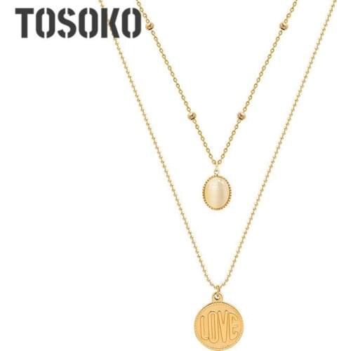 TOSOKO Stainless Steel Jewelry Love Round Multi-Layer Lapped Cats Eye Necklace Womens Fashion Chain BSP838