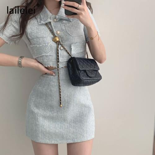 Vintage Fringed Light Blue Two Piece Skirt Short Jacket Pockets Button Bodycon Sexy Hip Mini Skirt Suit New Spring 2021 Crop Top