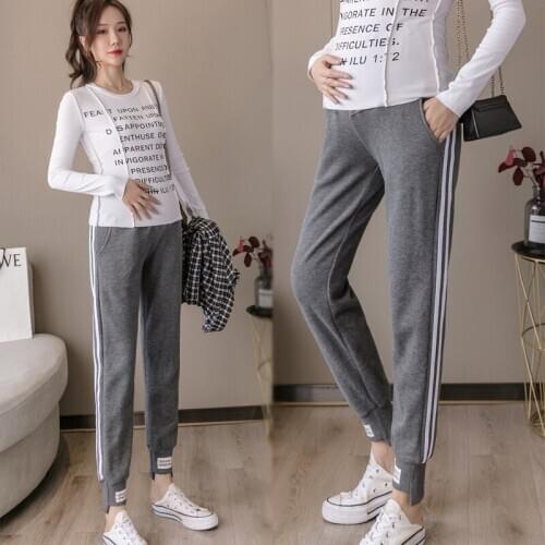 Spring Autumn Maternity Casual Side stripes Pants For Pregnant Women High Waist Sport Trousers Pregnancy cotton blended Clothes