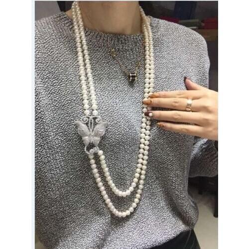 Sterling silver cherry necklace double strands 8-9mm round south sea white pearl necklace 22-24inch