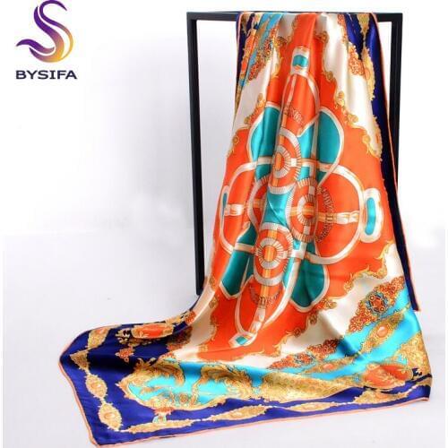 Ladies Blue Silk Scarf Shawl Fashion Accessories 100% Silk Crepe Satin Scarves Wraps Spring Autumn Chain Square Scarf Szaliki