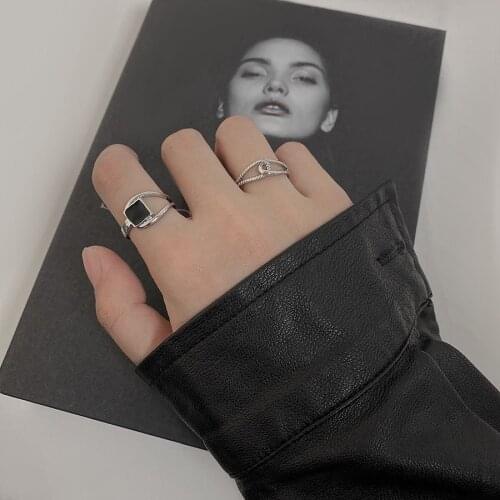 Retro Geometric Black Square Ring For Women Trend New Open Adjustable Index Finger Tail Ring