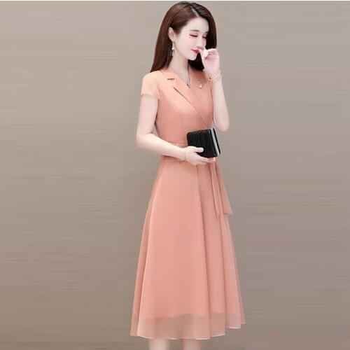 V-Neck Female Chiffon Dress Summer Plus Size 3XL Summer Womens Dress Solid Color Short-Sleeved Belt Lady Office Dresses Fashion