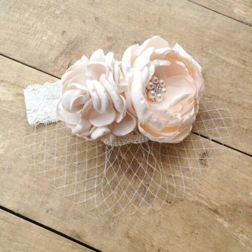10pcs/lot Kids Lace headband with Burned Satin Flowers and Veil Lace Girls Headwear