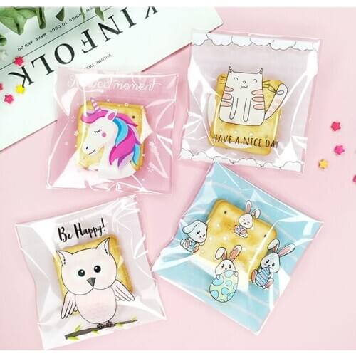 100pcs Cute Cartoon Plastic Bag Wedding Birthday Party Favors Cookie Candy Gift Packaging Bags OPP Self Adhesive Bags 10X10CM