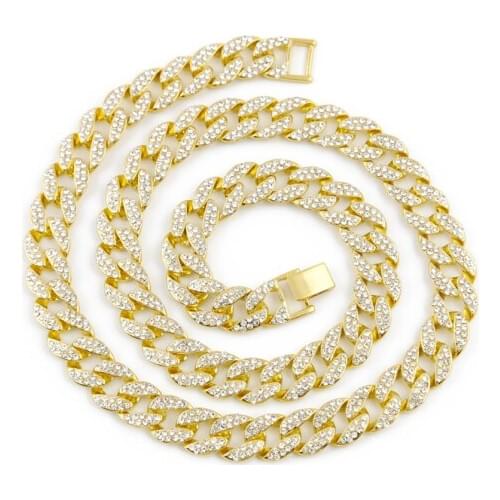 16mm Mens hiphop jewelry crystal rhinestone women miami cuban link chain necklace gold silver color iced out bling for rapper
