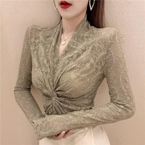 2021 Summer New Lace Women Blouse Sexy V-Neck See Through Club Slim Lady Female Pulls Solid Outwear Tops