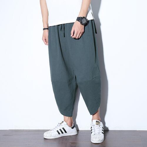 #2506 Linen Pants Men Summer 2020 Thin Retro Linen Wide Leg Pants Loose Baggy Fashion Hip Hop Trousers Harem Pants Elastic Waist