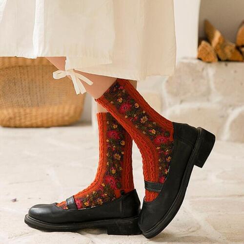 4 Pairs Pack Mori Girl Floral Embroidery Winter Knitted Socks