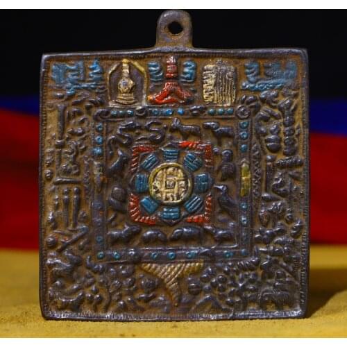 4"Tibet temple Old Bronze Tracing Jiugong Bagua Tag Pendant amulet Town House Exorcism Ward off evil spirits