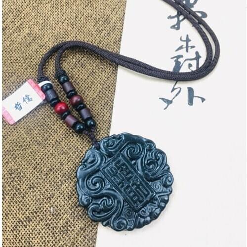 Zheru natural and Tian Moyu carved black amulet pendant with sandalwood beads necklace for men and women sweater chain