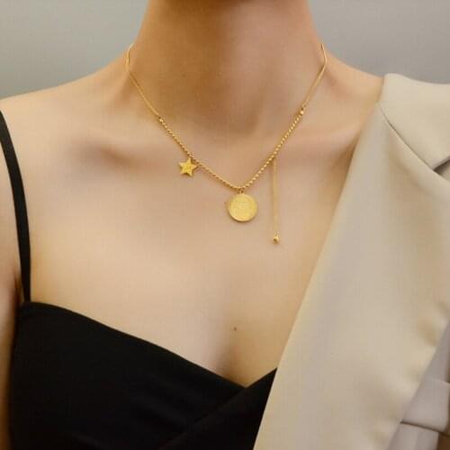 316L Stainless Steel New Fashion Fine Jewelry Star Round Coin Keep Smile Tassel Charms Chain Choker Necklaces Pendants For Women