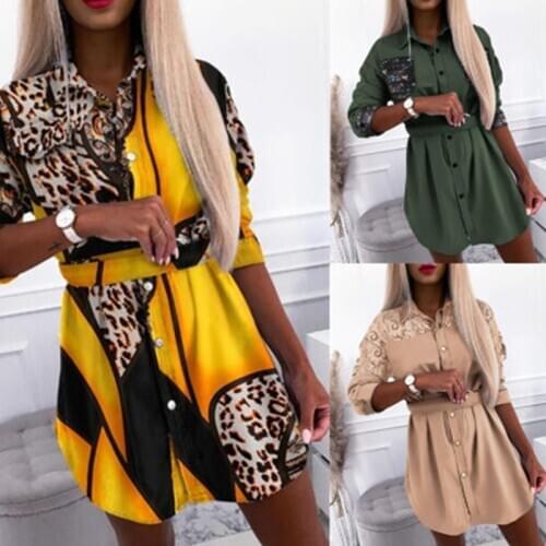 Elegant Women Long Sleeve Shirt Dress Spring Autumn Turn-down Collar Sequins Patchwork Dresses Ladies Buttons Mini Party Dress