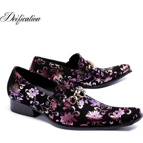 Italian Leather Mens Dress Shoes Color Printed Metal Pointy Toe Chaussure Homme Luxury Male Formal Party Flats Shoes Big Size 47