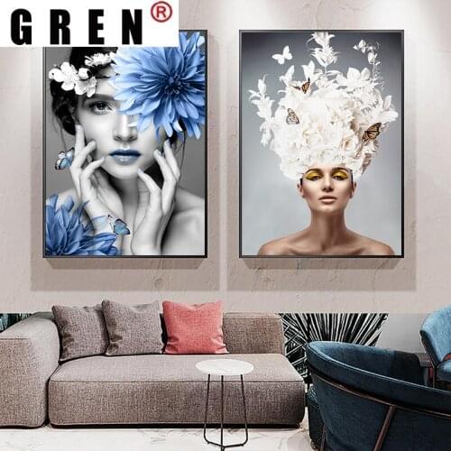 GREN Canvas Painting Scandinavian Flower Woman Wall Art Print Abstract Poster Decoration Picture Nordic Modern Living Room Decor