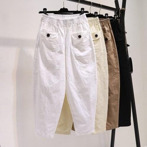 Summer Cotton Linen Harem Pants Women Fashion Pocket High Waist Carrot Pants Casual Loose Elastic Waist Nine Points Pants H1510