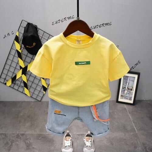 Summer Toddler Boys Sets Casual Solid Color Short Sleeve T-shirt Denim Shorts For Boy Baby Child Suits 2 3 4 5 6 Years Boy 2pcs