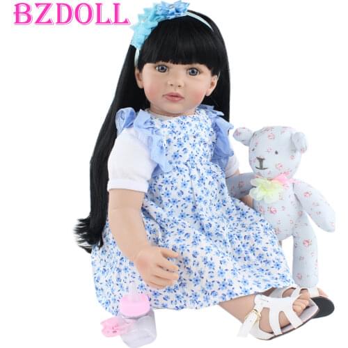 60cm Soft Silicone Reborn Toddler Doll Toys For Girl Cloth Body Black Long Hair Princess Baby Kids Birthday Gift Play House