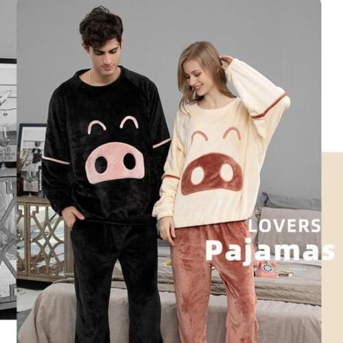 Couple Autumn Winter New Flannel Pajamas Suit Thick Soft Warm Sleepwear Home Clothes Cartoon Loose Casual Lovers Woman Negligee