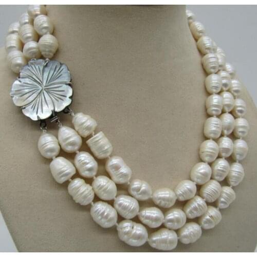 Free Shipping 3 ROW 9-10MM NATURAL WHITE SOUTH SEA BAROQUE PEARL NECKLACE 17-19INCH beautiful