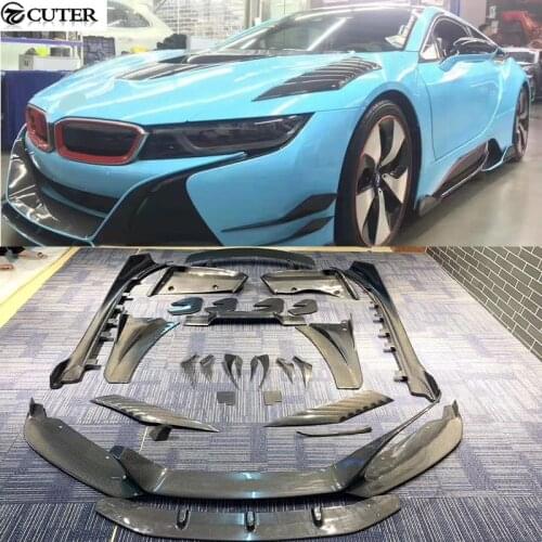 I8 Carbon Fiber Front bumper lip rear bumper diffuser side skirts rear spoiler engine hood cover For BMW i8 14-18
