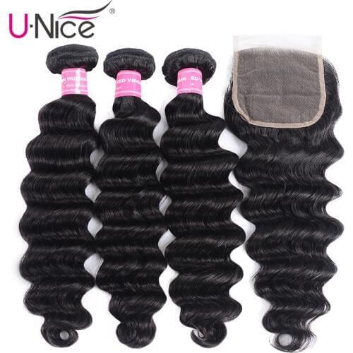 Unice Hair Loose Deep Wave Bundles With Closure Human Hair Bundles With Closure Hair Weave Bundles With Free Part Closure